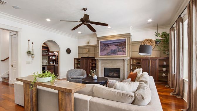 Fireplace, Interior, Living room, Recessed Lighting, Wood Texture Flooring