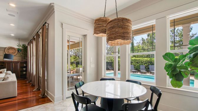 Dining room, Interior, Pendant Lights, Recessed Lighting, Wood Texture Flooring