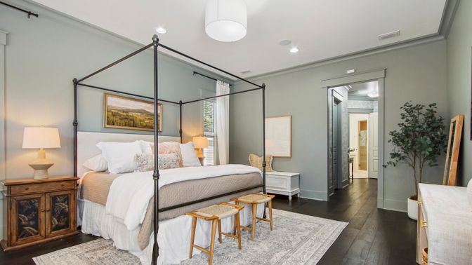 Bedroom, Interior, Pendant Lights, Recessed Lighting, Wood Texture Flooring