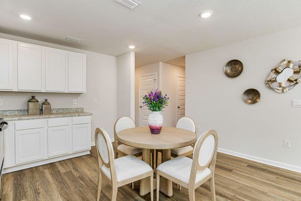 Dining room, Interior, Recessed Lighting, Wood Texture Flooring