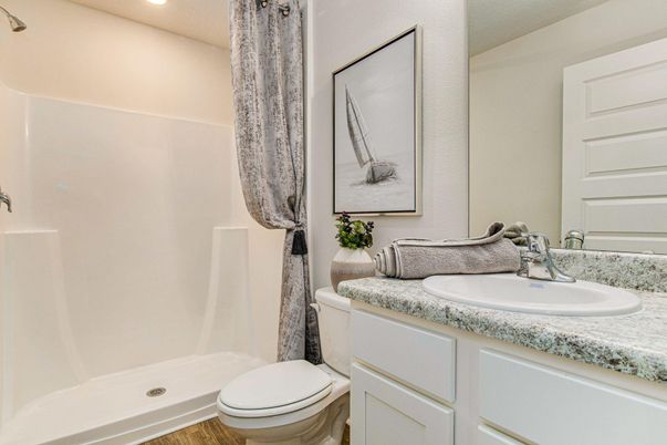Bathroom, Interior, Recessed Lighting, Wood Texture Flooring