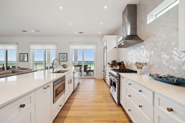 Interior, Kitchen, Recessed Lighting, Stainless Steel Appliances, Water, Wood Texture Flooring