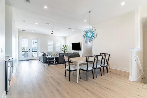 Dining room, Interior, Living room, Pendant Lights, Recessed Lighting, Wood Texture Flooring