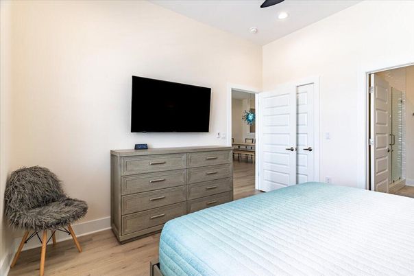 Bedroom, Interior, Recessed Lighting, Wood Texture Flooring