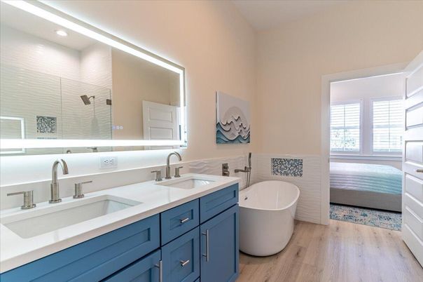 Bathroom, Dual Sink Vanities, Free Standing Baths, Interior, Recessed Lighting, Wood Texture Flooring