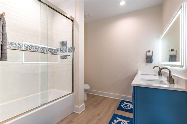 Bathroom, Glass Shower, Interior, Recessed Lighting, Wood Texture Flooring