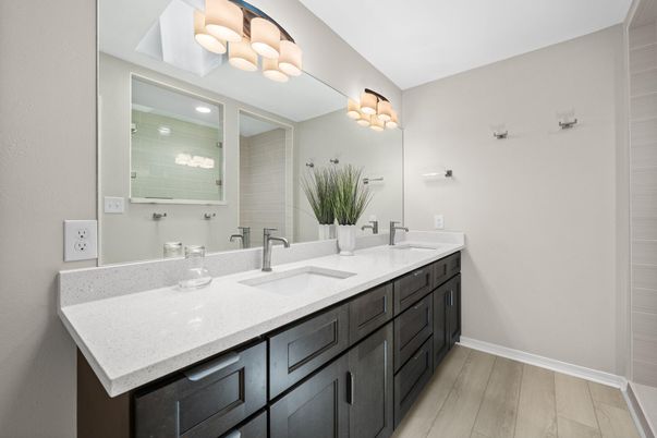 Bathroom, Dual Sink Vanities, Interior, Wood Texture Flooring