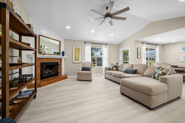 Fireplace, Interior, Living room, Recessed Lighting, Wood Texture Flooring
