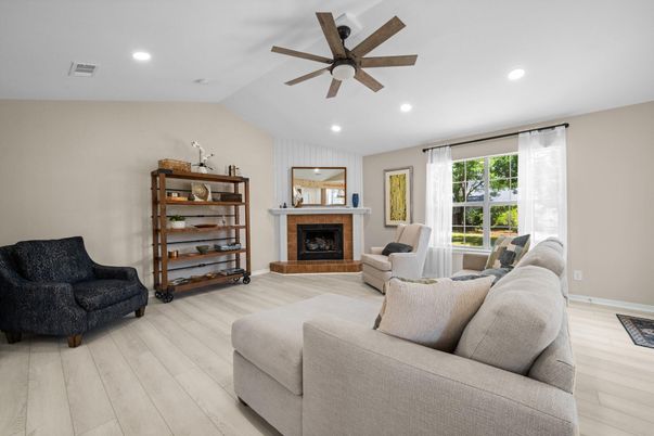 Fireplace, Interior, Living room, Recessed Lighting, Wood Texture Flooring