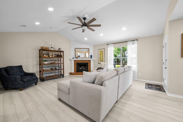 Fireplace, Interior, Living room, Recessed Lighting, Wood Texture Flooring