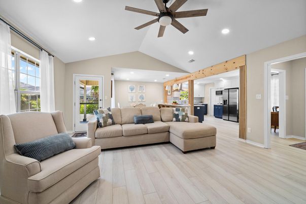 Interior, Kitchen, Living room, Recessed Lighting, Wood Texture Flooring