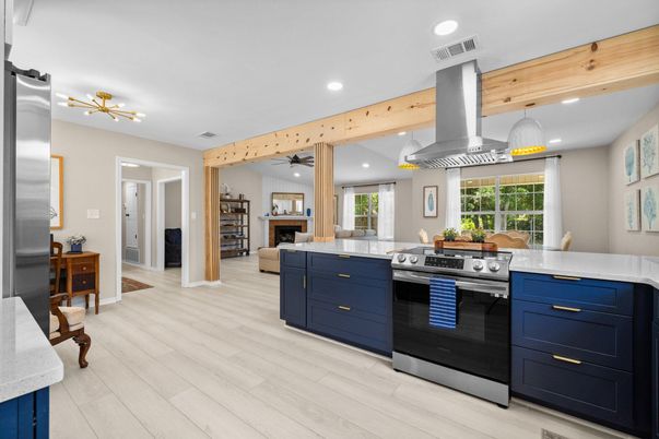 Interior, Kitchen, Pendant Lights, Recessed Lighting, Stainless Steel Appliances, Wooden Beams, Wood Texture Flooring