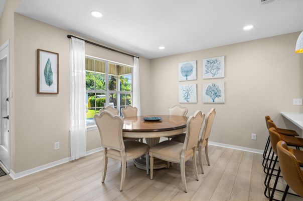 Dining room, Interior, Recessed Lighting, Wood Texture Flooring