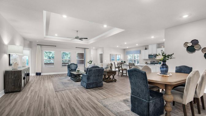 Dining room, Interior, Kitchen, Living room, Recessed Lighting, Stainless Steel Appliances, Wood Texture Flooring