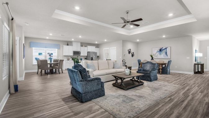 Dining room, Interior, Kitchen, Living room, Recessed Lighting, Stainless Steel Appliances, Wood Texture Flooring