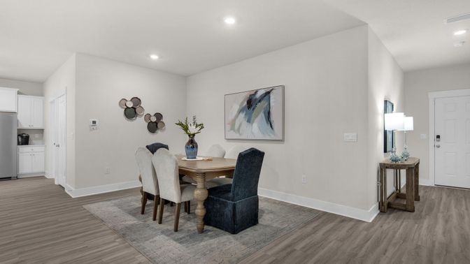 Dining room, Interior, Recessed Lighting, Wood Texture Flooring