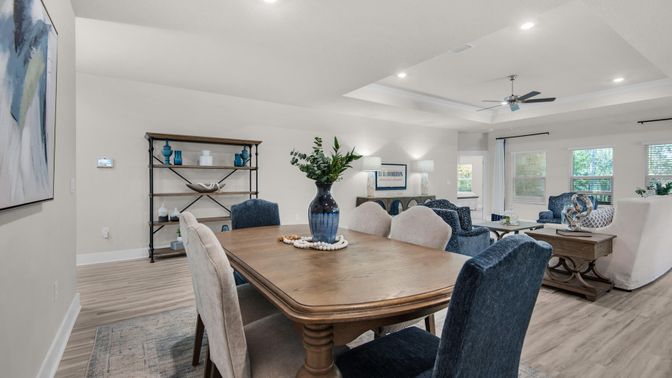 Dining room, Interior, Living room, Recessed Lighting, Wood Texture Flooring