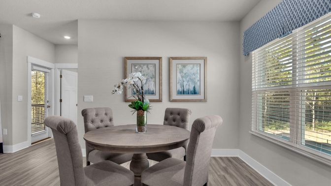 Dining room, Interior, Recessed Lighting, Wood Texture Flooring