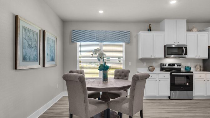 Dining room, Interior, Kitchen, Recessed Lighting, Stainless Steel Appliances, Wood Texture Flooring