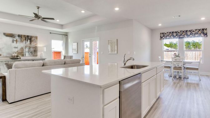 Dining room, Interior, Kitchen, Living room, Recessed Lighting, Wood Texture Flooring