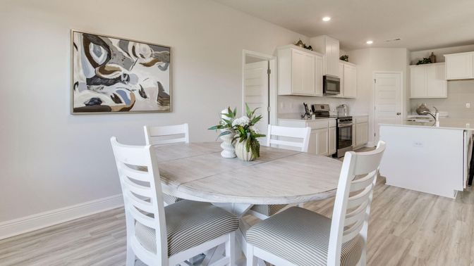 Dining room, Interior, Kitchen, Recessed Lighting, Stainless Steel Appliances, Wood Texture Flooring