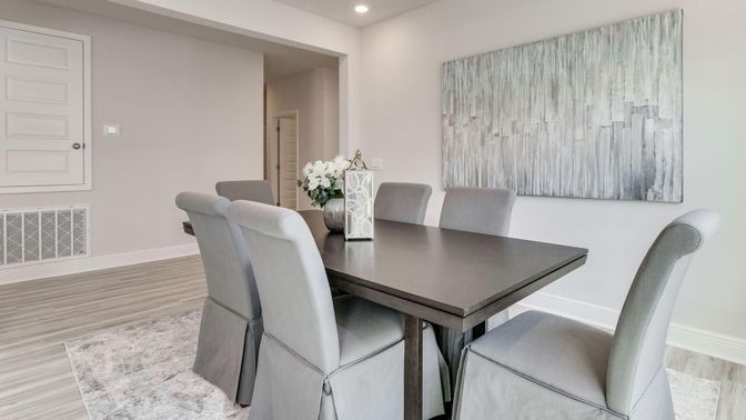 Dining room, Interior, Recessed Lighting, Wood Texture Flooring