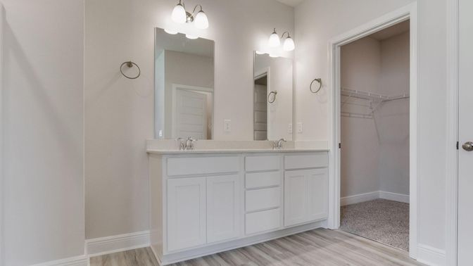 Bathroom, Dual Sink Vanities, Interior, Walk-in Closets, Wood Texture Flooring
