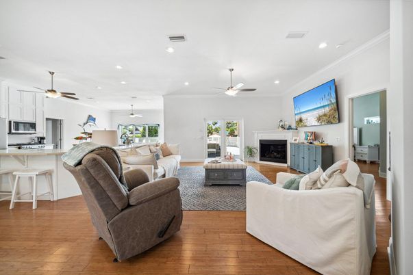 Fireplace, Interior, Kitchen, Living room, Pendant Lights, Recessed Lighting, Wood Texture Flooring