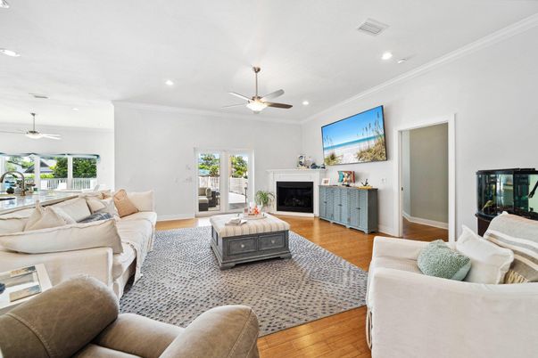 Fireplace, Interior, Living room, Recessed Lighting, Wood Texture Flooring