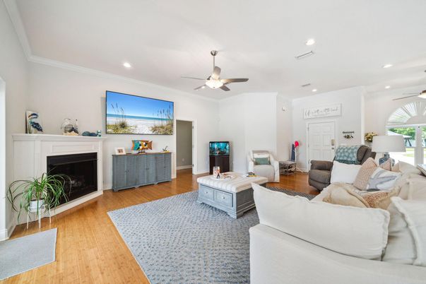 Fireplace, Interior, Living room, Recessed Lighting, Wood Texture Flooring