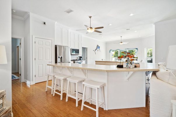 Dining room, Interior, Kitchen, Recessed Lighting, Stainless Steel Appliances, Wood Texture Flooring