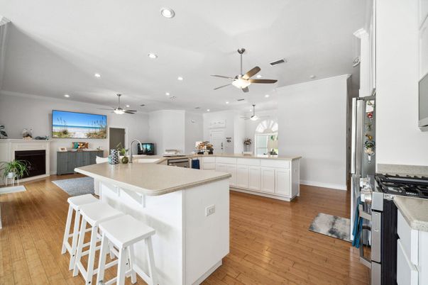 Interior, Kitchen, Pendant Lights, Recessed Lighting, Stainless Steel Appliances, Wood Texture Flooring