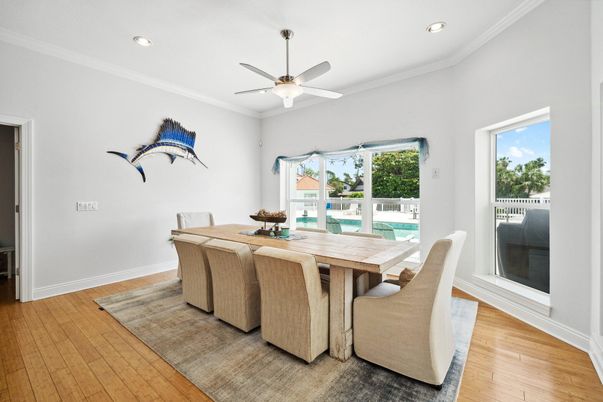 Dining room, Interior, Recessed Lighting, Wood Texture Flooring
