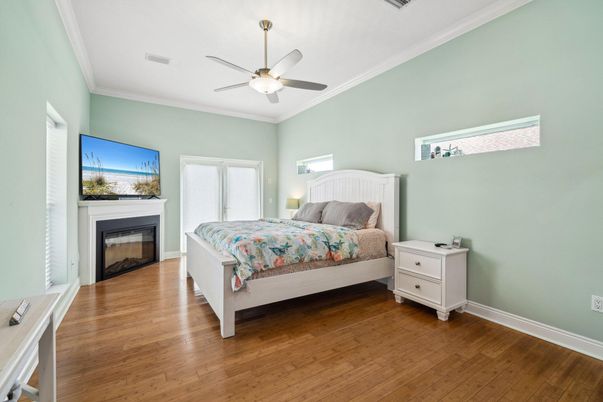 Bedroom, Fireplace, Interior, Wood Texture Flooring