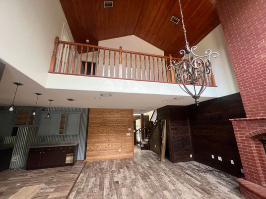 Chandelier, Interior, Pendant Lights, Wood Texture Flooring, Wooden Walls