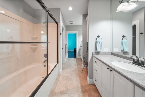 Bathroom, Dual Sink Vanities, Glass Shower, Interior, Recessed Lighting, Water