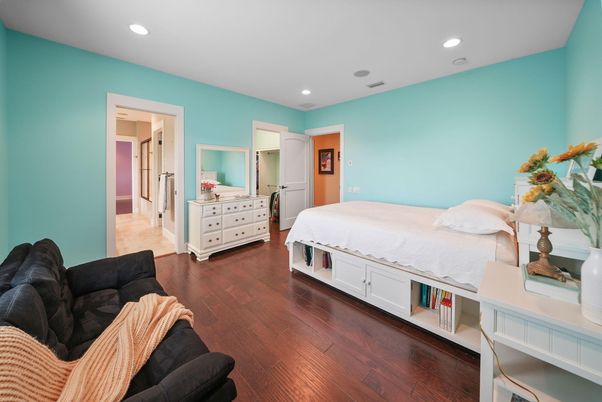 Bedroom, Interior, Recessed Lighting, Wood Texture Flooring