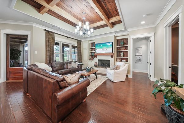 Chandelier, Fireplace, Interior, Living room, Recessed Lighting, Wooden Beams, Wooden Ceilings, Wood Texture Flooring
