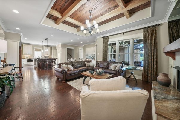 Chandelier, Dining room, Interior, Kitchen, Living room, Pendant Lights, Recessed Lighting, Wooden Beams, Wooden Ceilings, Wood Texture Flooring