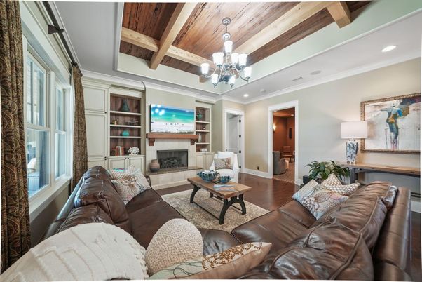 Chandelier, Fireplace, Interior, Living room, Recessed Lighting, Wooden Beams, Wooden Ceilings, Wood Texture Flooring
