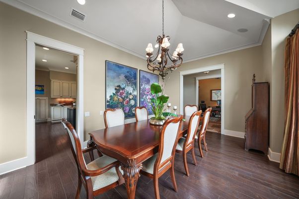 Chandelier, Dining room, Interior, Recessed Lighting, Wood Texture Flooring