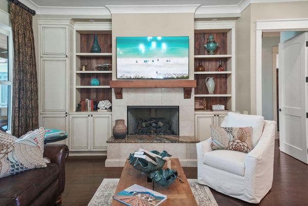Fireplace, Interior, Living room, Recessed Lighting, Wood Texture Flooring