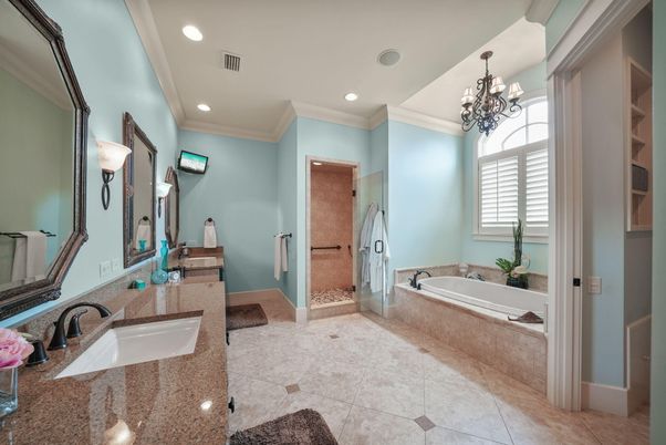 Bathroom, Chandelier, Dual Sink Vanities, Interior, Recessed Lighting