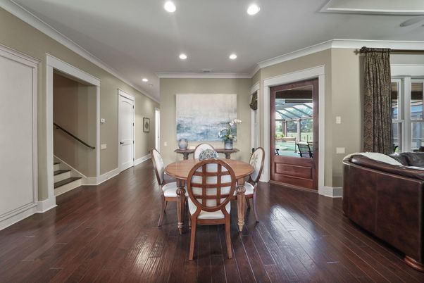 Dining room, Interior, Recessed Lighting, Wood Texture Flooring