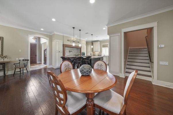 Dining room, Interior, Kitchen, Pendant Lights, Recessed Lighting, Wood Texture Flooring