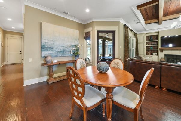 Dining room, Fireplace, Interior, Recessed Lighting, Wooden Ceilings, Wood Texture Flooring
