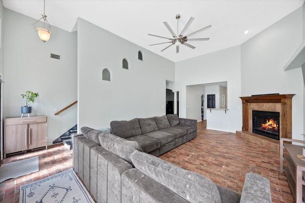 Fireplace, Interior, Living room, Pendant Lights, Recessed Lighting, Wood Texture Flooring