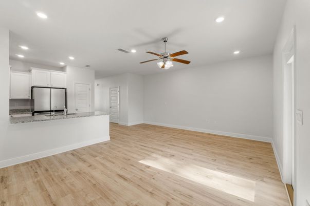 Empty room, Interior, Kitchen, Recessed Lighting, Wood Texture Flooring
