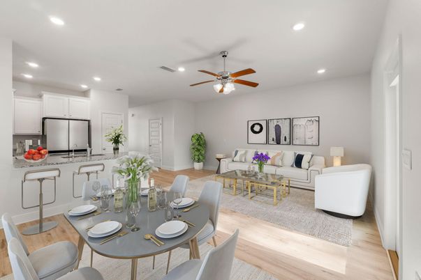 Dining room, Interior, Kitchen, Living room, Recessed Lighting, Wood Texture Flooring