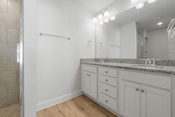Bathroom, Dual Sink Vanities, Interior, Recessed Lighting, Wood Texture Flooring
